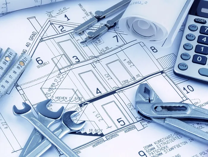 Framed Print : An Architect's Construction Plan Print with Calculator Framed Print : An Architect's Construction Plan Print with Calculator