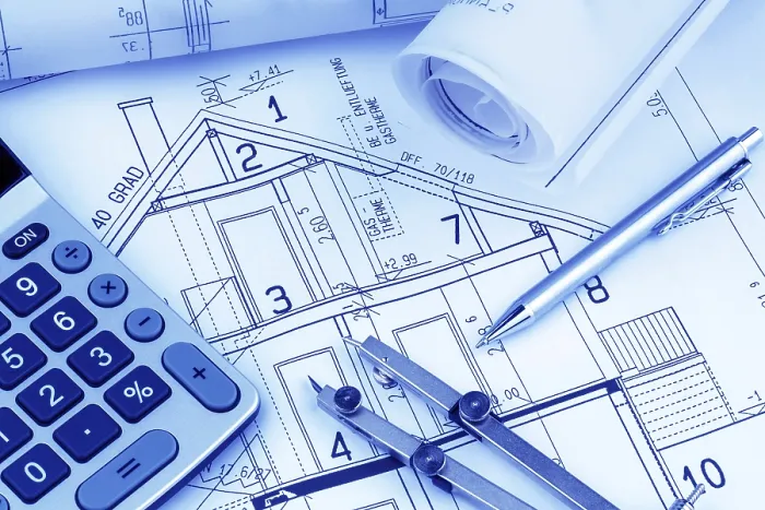 Framed Print : Architect's Construction Plan with Calculator Print Framed Print : Architect's Construction Plan with Calculator Print