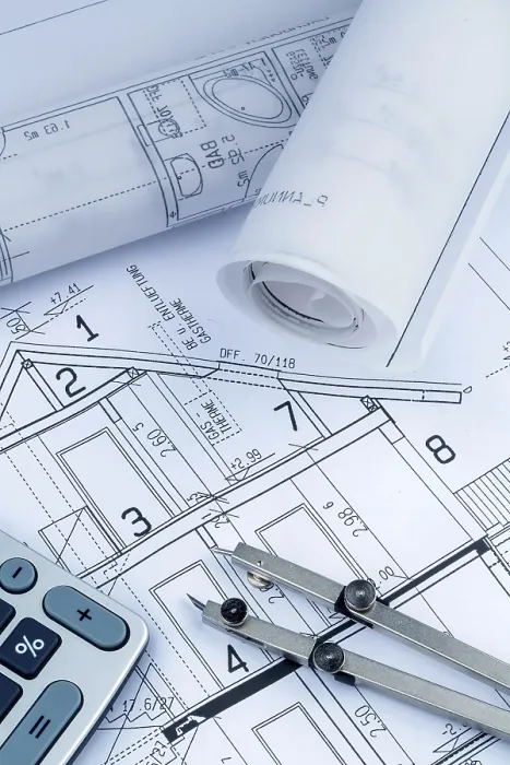 Framed Print : An Architect's Construction Plan Print with Calculator Framed Print : An Architect's Construction Plan Print with Calculator