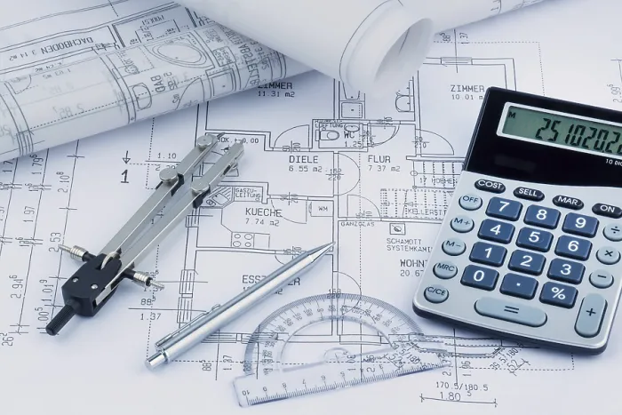Framed Print : Architect's Construction Plan Print with Calculator, Austria Framed Print : Architect's Construction Plan Print with Calculator, Austria