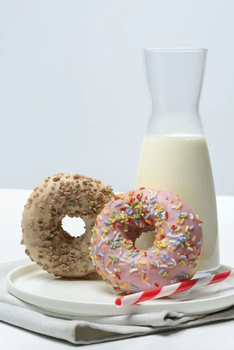 Framed Print : Assorted Donuts and Milk Print Framed Print : Assorted Donuts and Milk Print