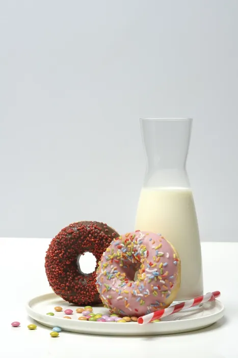 Framed Print : Assorted Donuts and Milk Print Framed Print : Assorted Donuts and Milk Print