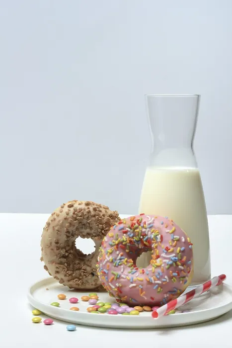 Framed Print : Assorted Donuts and Milk Print Framed Print : Assorted Donuts and Milk Print