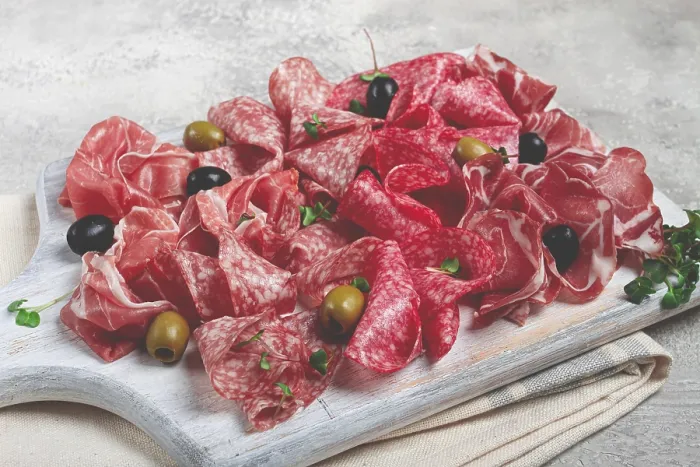 Framed Print : Prosciutto, Salami and Ham Print with Olives Framed Print : Prosciutto, Salami and Ham Print with Olives