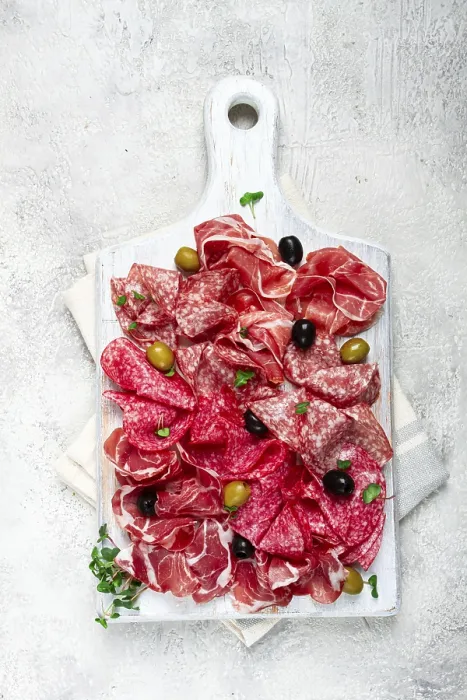Framed Print : Prosciutto, Salami and Ham Print with Olives Framed Print : Prosciutto, Salami and Ham Print with Olives