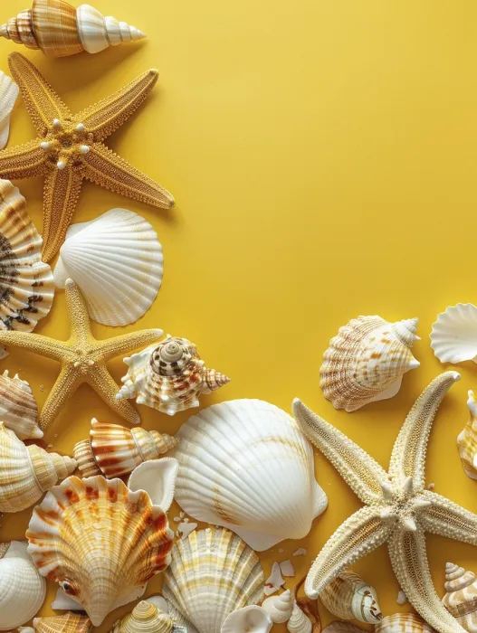 Framed Print : Tropical Seashell Print: Marine Diversity on Yellow Backdrop