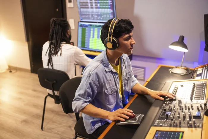 Framed Print : Two Audio Engineers at Work - Studio Print Framed Print : Two Audio Engineers at Work - Studio Print