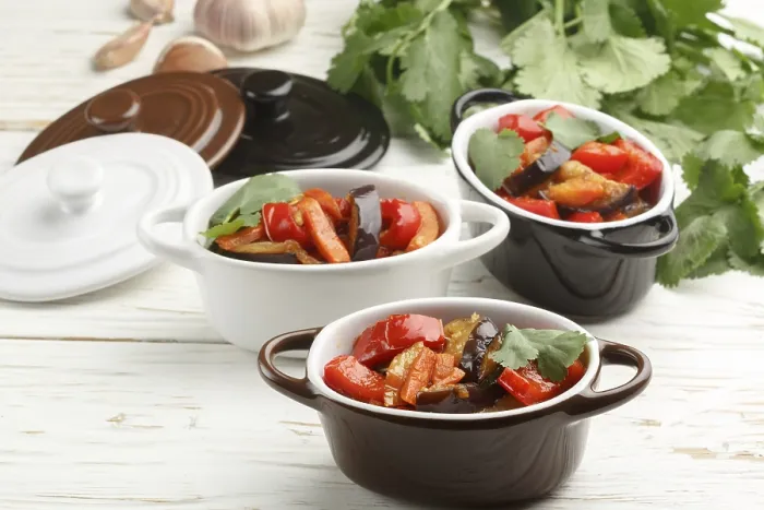 Framed Print : Baked Vegetables in Portion Pots Print