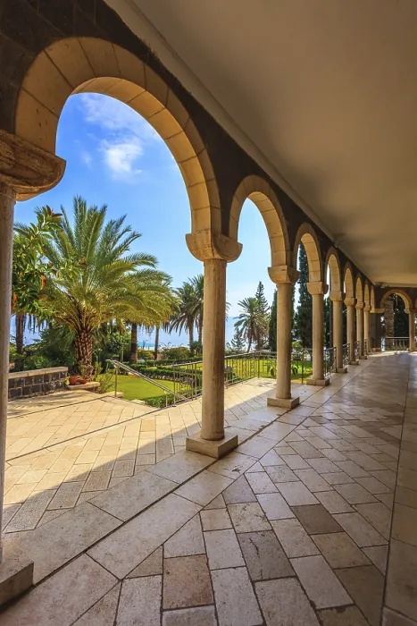 Framed Print : Print of Basilica at Mount of Beatitudes with Palm Trees Framed Print : Print of Basilica at Mount of Beatitudes with Palm Trees