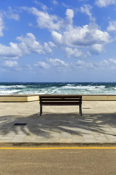 Framed Print : Empty Bench with Surf View Print, Las Negras, Spain Framed Print : Empty Bench with Surf View Print, Las Negras, Spain