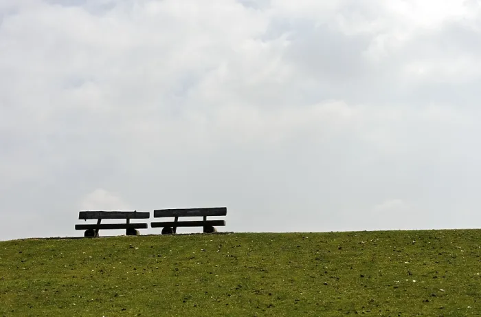 Framed Print : Two Empty Benches Print, Westerhever Dike, Germany Framed Print : Two Empty Benches Print, Westerhever Dike, Germany