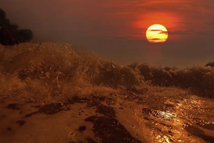 Framed Print : Big Wave Print at Sunset with Bubbles and Splashes Framed Print : Big Wave Print at Sunset with Bubbles and Splashes