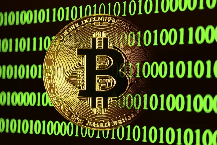 Framed Print : Bitcoin Binary Code Print - Digital Currency Representation