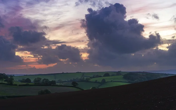 Framed Print : BLUE HOUR Print over Devon Fields, England Framed Print : BLUE HOUR Print over Devon Fields, England