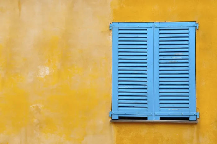 Framed Print : Blue Shutter Print on Yellow Plaster Wall