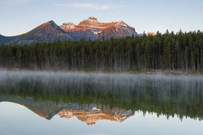 Framed Print : The Bow Range Reflected in Herbert Lake at Dawn Print