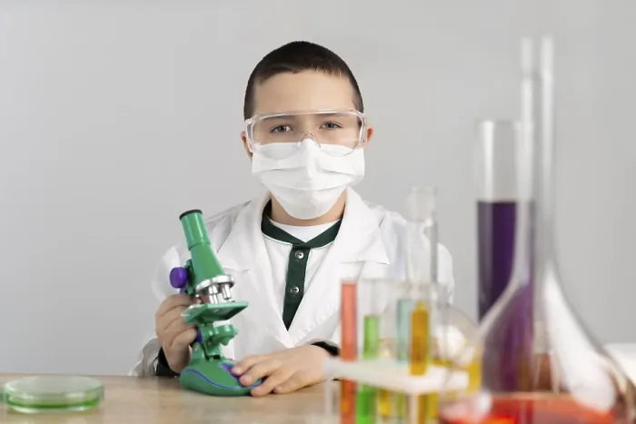 Framed Print : Boy Laboratory with Microscope Print Framed Print : Boy Laboratory with Microscope Print