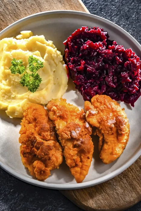 Framed Print : Breaded Chicken Cutlets Print with Potatoes and Beetroot Framed Print : Breaded Chicken Cutlets Print with Potatoes and Beetroot