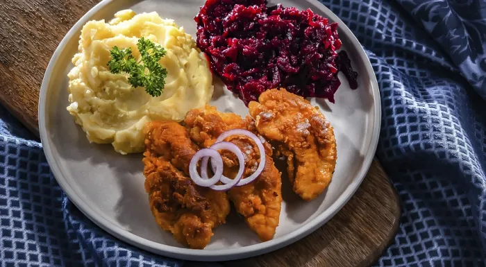 Framed Print : Breaded Chicken Cutlets Print with Potatoes and Beetroot Framed Print : Breaded Chicken Cutlets Print with Potatoes and Beetroot
