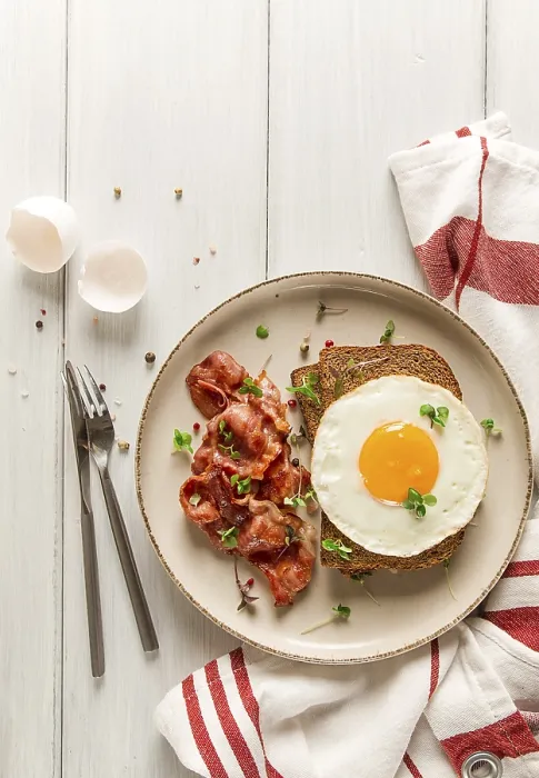 Framed Print : Breakfast Print - Fried Egg with Bacon on Light Background