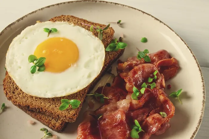 Framed Print : Breakfast Print: Fried Egg with Bacon on Light Background Framed Print : Breakfast Print: Fried Egg with Bacon on Light Background