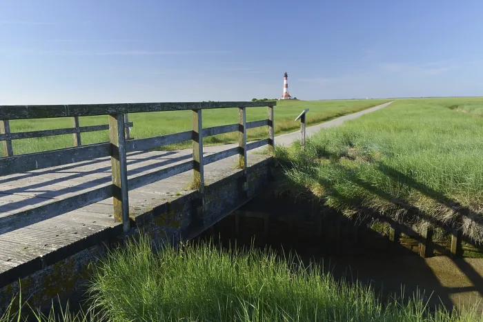 Framed Print : Bridge at Westerheversand Lighthouse Print, Germany