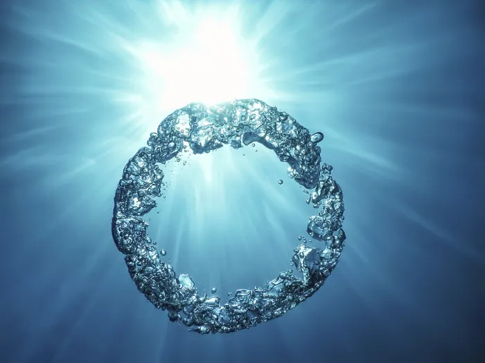 Framed Print : Bubble Ring Underwater Ascends Towards the Sun Print