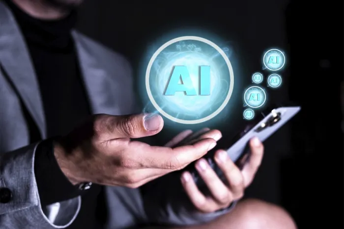 Framed Print : Businessman using mobile phone with AI Print Framed Print : Businessman using mobile phone with AI Print