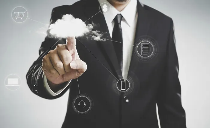 Framed Print : Businessmen Press to Cloud Server Print Concept
