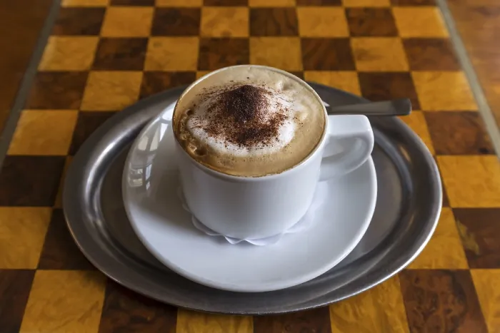 Framed Print : Cappuccino on Chessboard Pattern Print, Bamberg, Germany Framed Print : Cappuccino on Chessboard Pattern Print, Bamberg, Germany