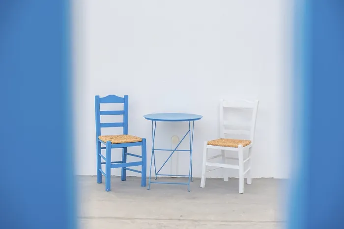 Framed Print : Coastal Simplicity Print: Blue Chairs in Adamas, Greece Framed Print : Coastal Simplicity Print: Blue Chairs in Adamas, Greece