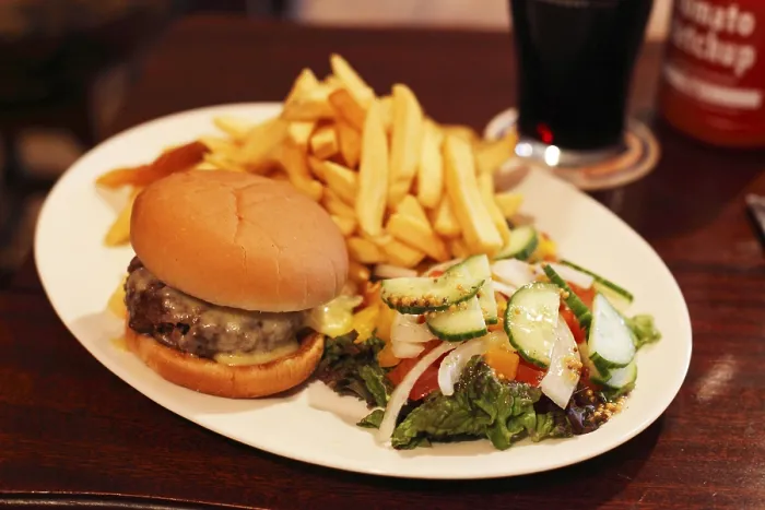 Framed Print : Cheeseburger with Chips and Salad Print, Ireland Framed Print : Cheeseburger with Chips and Salad Print, Ireland