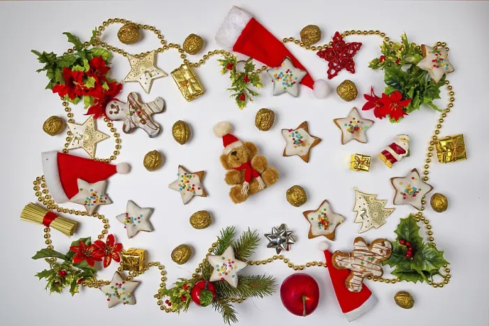 Framed Print : Christmas Print with Biscuits and Decorations Framed Print : Christmas Print with Biscuits and Decorations