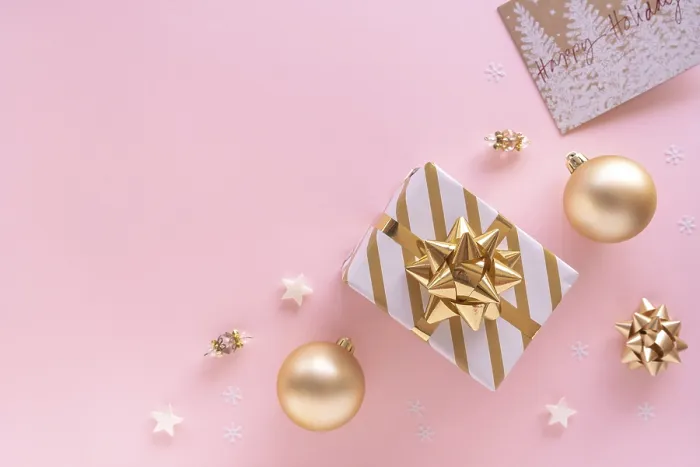 Framed Print : Flat Lay Christmas Print with Giftbox and Baubles Framed Print : Flat Lay Christmas Print with Giftbox and Baubles