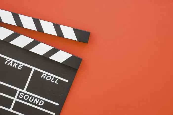 Framed Print : Clapperboard Print on Red Background with Space Framed Print : Clapperboard Print on Red Background with Space