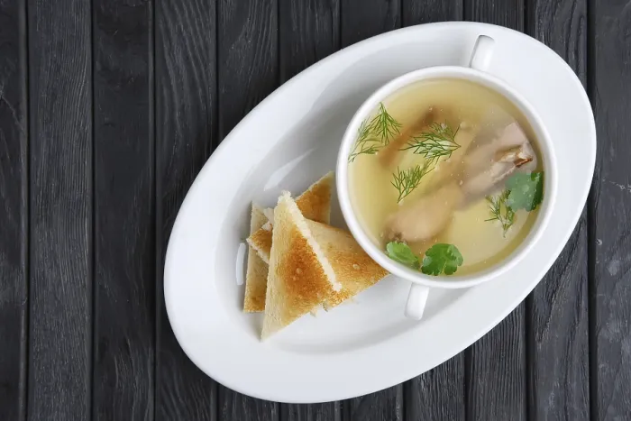 Framed Print : Clear Beef Broth with Egg and Toasts Print Framed Print : Clear Beef Broth with Egg and Toasts Print