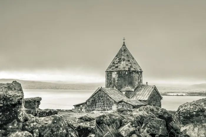 Framed Print : Close-up Sevanavank Print with Lake Sevan Panorama Framed Print : Close-up Sevanavank Print with Lake Sevan Panorama