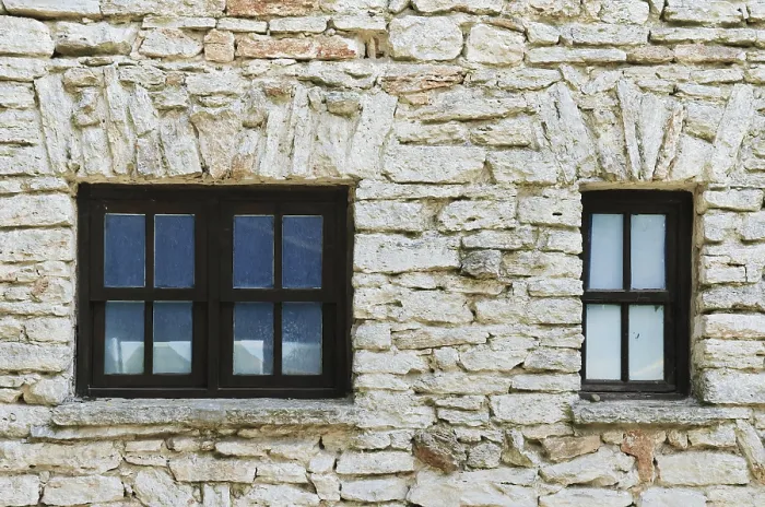Framed Print : Two Closed Windows in a Stone Wall Print Framed Print : Two Closed Windows in a Stone Wall Print