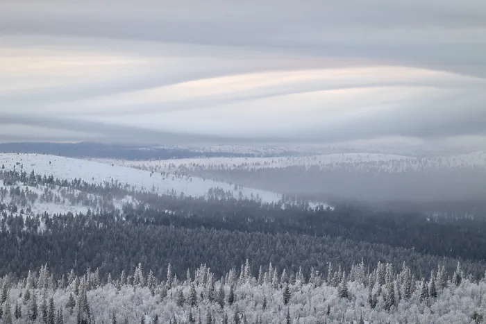 Framed Print : Clouds over forested mountain ranges Print, Saariselka, Finland Framed Print : Clouds over forested mountain ranges Print, Saariselka, Finland