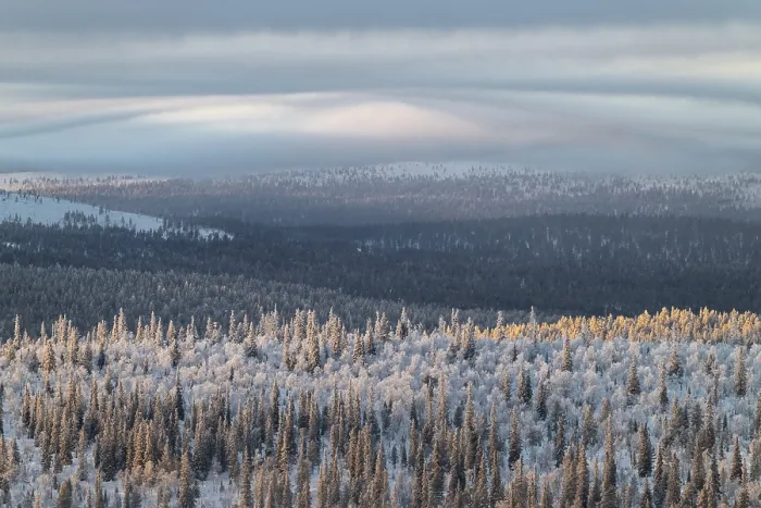 Framed Print : Clouds over forested mountain ranges Print, Saariselka, Finland
