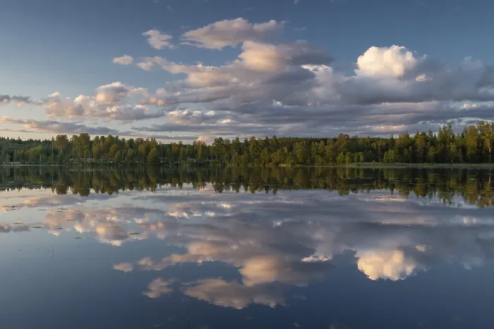 Framed Print : Clouds reflected on water, forest lake, Sweden print