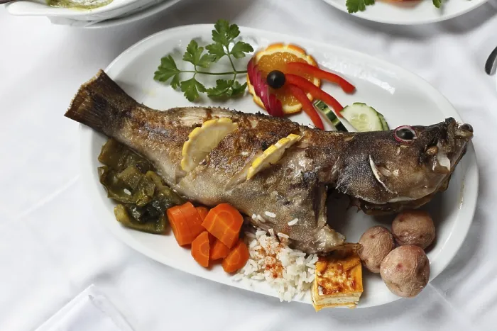 Framed Print : Print of Cod with Vegetables, Bernegal Restaurant, La Palma Framed Print : Print of Cod with Vegetables, Bernegal Restaurant, La Palma