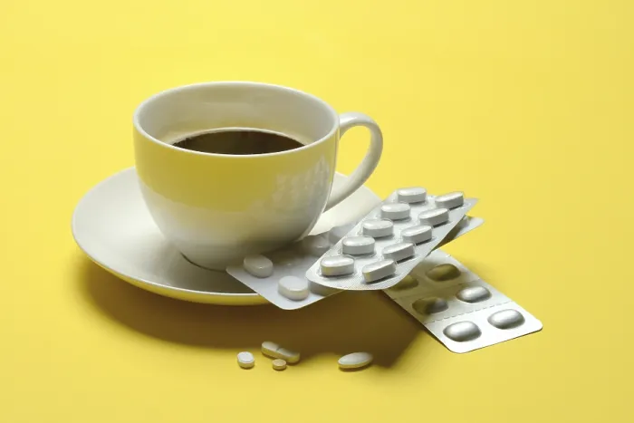 Framed Print : Coffee in a Cup and Medication Print Framed Print : Coffee in a Cup and Medication Print