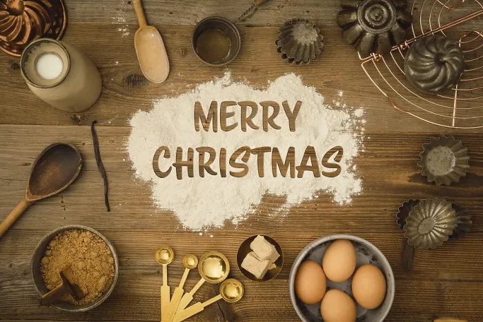 Framed Print : Merry Christmas Baking Print on Dark Wooden Table Framed Print : Merry Christmas Baking Print on Dark Wooden Table