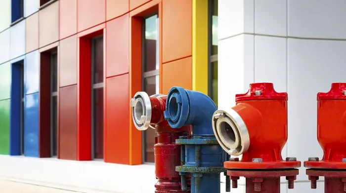 Framed Print : Colored Hydrants with Multi-Colored Building Print Framed Print : Colored Hydrants with Multi-Colored Building Print