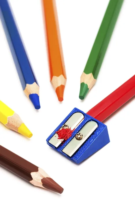 Framed Print : Colored Pencils and Sharpener Print on White Background