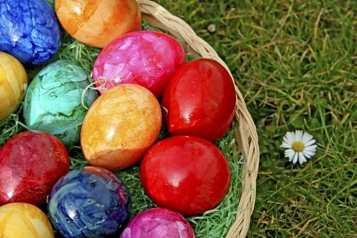 Framed Print : Colourful Easter Print with Eggs, Basket and Flowers