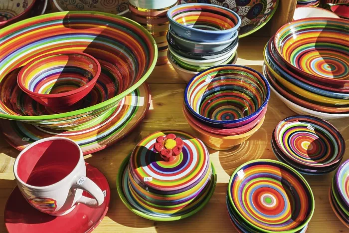 Framed Print : Colourful Tableware Print, Auer Dult Market, Munich