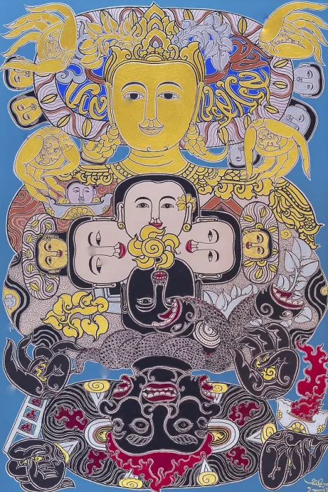 Framed Print : Golden Faces, Fiery Masks Print: Spiritual Powers in Balance Framed Print : Golden Faces, Fiery Masks Print: Spiritual Powers in Balance
