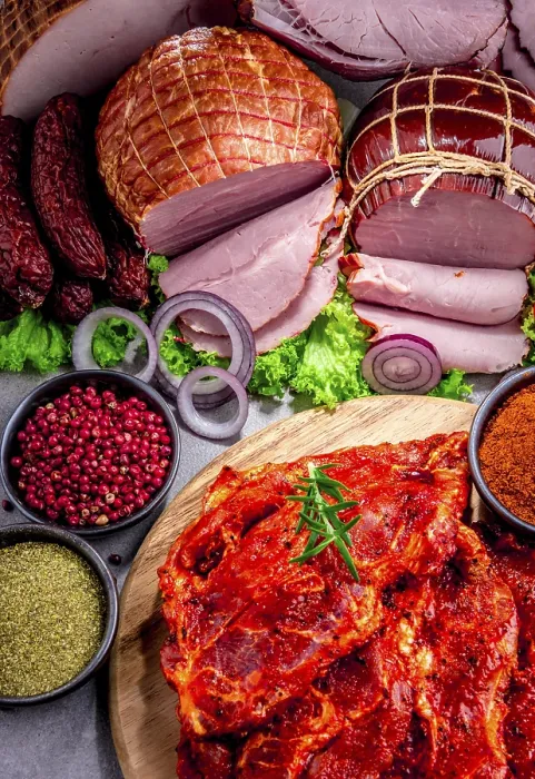 Framed Print : Composition with assorted meat products including ham Print Framed Print : Composition with assorted meat products including ham Print
